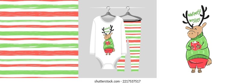 Seamless Christmas pattern and illustration for kid with deer hugs cup of cocoa. Cute design on pajamas mockup. Baby background for clothes wear, room decor, t-shirt, baby shower invitation, wrapping