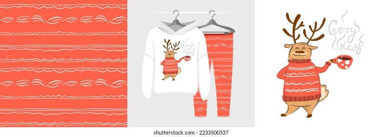Seamless Christmas pattern and illustration for kid with deer hugs cup of cocoa. Cute design on pajamas mockup. Baby background for clothes wear, room decor, t-shirt, baby shower invitation, wrapping