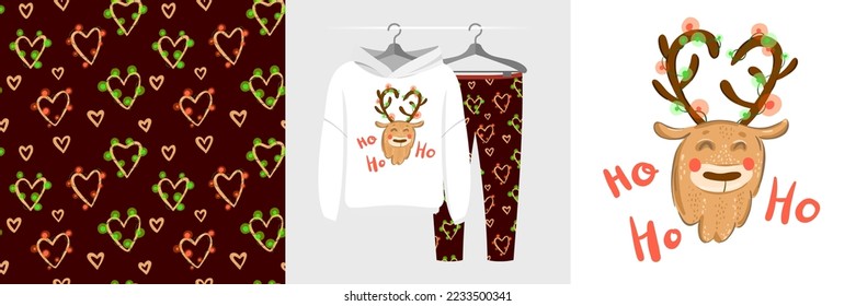 Seamless Christmas pattern and illustration for kid with deer, Ho Ho Ho text. Cute design on pajamas mockup. Baby background for clothes wear, festive decor, t-shirt, greeting cards, wrapping
