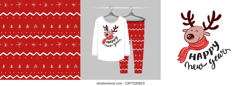 Seamless Christmas pattern and illustration for kid with deer wrapped in a scarf, Happy New Year. Cute design on pajamas mockup. Baby background for clothes wear, room decor, t-shirt,  invitation