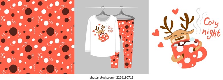 Seamless Christmas pattern and illustration set with deer hugs cup of cocoa, Cozy night text. Cute design pajamas on a hanger. Baby background for apparel, room decor, tee print design, wrapping