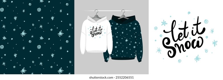 Seamless Christmas pattern and illustration with snowflakes фтв Let it snow text, Happy new year 2025, holidays cartoon cute design for t-shirt, decor, invitation, wrapping