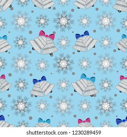 Seamless Christmas pattern with the image of bells and snowflakes.
