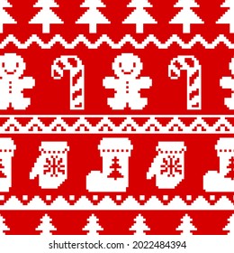 Seamless Christmas pattern with the image of candies, Christmas trees and socks, mittens with snowflakes, gingerbread. Design for paper, textiles and decor. Vector illustration.