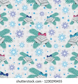 Seamless Christmas pattern with the image of fir branches, bells and snowflakes
