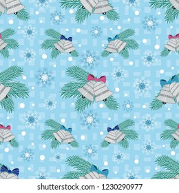Seamless Christmas pattern with the image of fir branches, bells and snowflakes