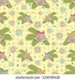 Seamless Christmas pattern with the image of fir branches, bells and snowflakes