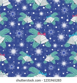 Seamless Christmas pattern with the image of fir branches, bells and snowflakes

