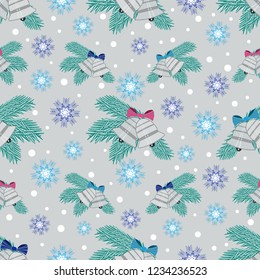 Seamless Christmas pattern with the image of fir branches, bells and snowflakes