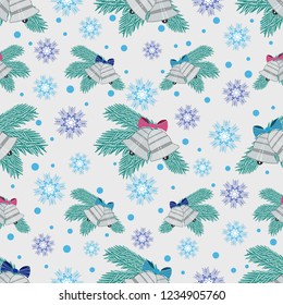 Seamless Christmas pattern with the image of fir branches, bells and snowflakes
