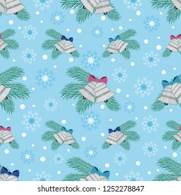 Seamless Christmas pattern with the image of fir branches, bells and snowflakes
