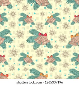 Seamless Christmas pattern with the image of fir branches, bells and snowflakes

