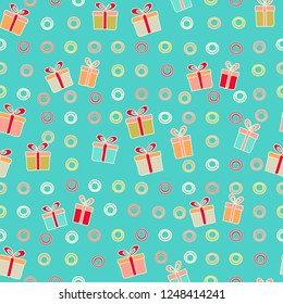 Seamless Christmas pattern with the image of gift boxes and rings.
