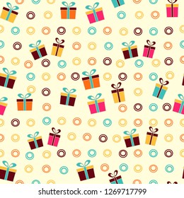 Seamless Christmas pattern with the image of gift boxes and rings.
