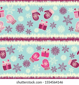 Seamless Christmas pattern with the image of snowflakes, mittens and gift boxes.
