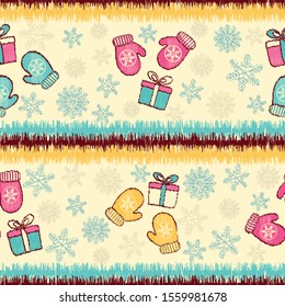 Seamless Christmas pattern with the image of snowflakes, mittens and gift boxes.
