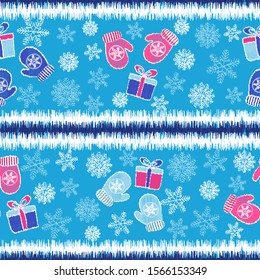 Seamless Christmas pattern with the image of snowflakes, mittens and gift boxes.
