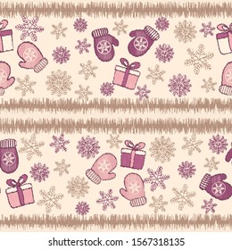 Seamless Christmas pattern with the image of snowflakes, mittens and gift boxes.

