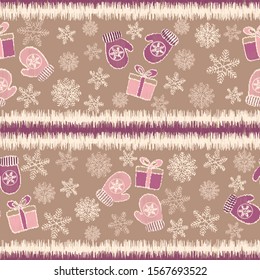 Seamless Christmas pattern with the image of snowflakes, mittens and gift boxes.
