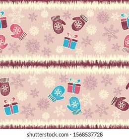 Seamless Christmas pattern with the image of snowflakes, mittens and gift boxes.
