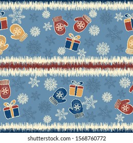 Seamless Christmas pattern with the image of snowflakes, mittens and gift boxes.

