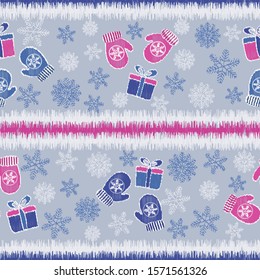 Seamless Christmas pattern with the image of snowflakes, mittens and gift boxes.
