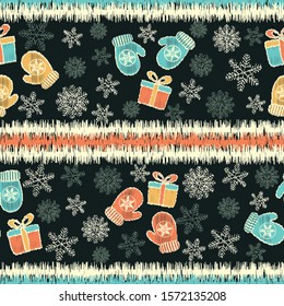 Seamless Christmas pattern with the image of snowflakes, mittens and gift boxes.
