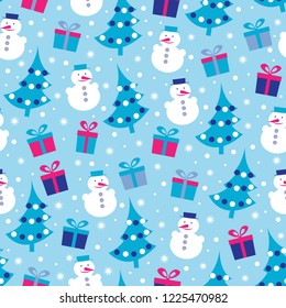 Seamless Christmas pattern with the image of Christmas trees, snowmen and gift boxes.
