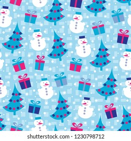 Seamless Christmas pattern with the image of Christmas trees, snowmen and gift boxes.
