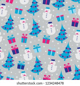 Seamless Christmas pattern with the image of Christmas trees, snowmen and gift boxes.
