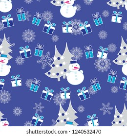 Seamless Christmas pattern with the image of Christmas trees, snowmen and gift boxes.