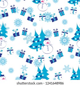 Seamless Christmas pattern with the image of Christmas trees, snowmen and gift boxes.
