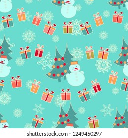 Seamless Christmas pattern with the image of Christmas trees, snowmen and gift boxes.
