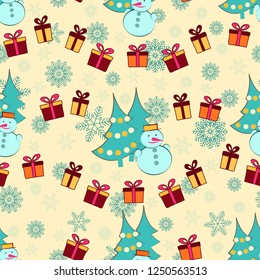 Seamless Christmas pattern with the image of Christmas trees, snowmen and gift boxes.
