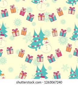 Seamless Christmas pattern with the image of Christmas trees, snowmen and gift boxes.

