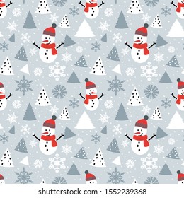 Seamless Christmas pattern with the image of Christmas trees, snowman and snowflakes.