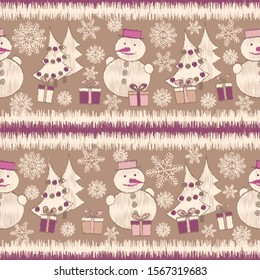 Seamless Christmas pattern with the image of Christmas trees, snowmen and gift boxes.
