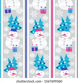 Seamless Christmas pattern with the image of Christmas trees, snowmen and gift boxes.
