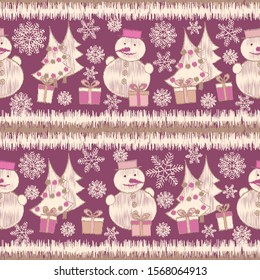 Seamless Christmas pattern with the image of Christmas trees, snowmen and gift boxes.
