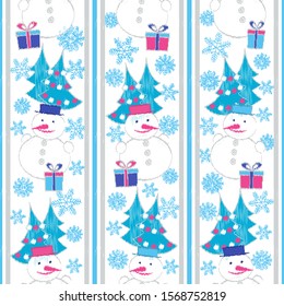 Seamless Christmas pattern with the image of Christmas trees, snowmen and gift boxes.
