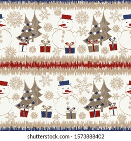 Seamless Christmas pattern with the image of Christmas trees, snowmen and gift boxes.

