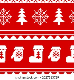 Seamless Christmas pattern with the image of Christmas trees, snowflakes, mittens and Christmas socks. Design for paper, textiles and decor. Vector illustration.