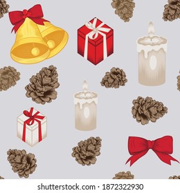 Seamless Christmas Pattern including Christmas Bells, Red Gift Boxes, Candles and Pine Cones