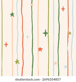Patrón de Navidades sin fisuras con estrellas abstractas doodle de tinta en rayas de Vertical. Fondo minimalista geométrico estético de moda. Ilustración vectorial dibujada a mano. Boho, decorativo, Fondo de pantalla invernal.