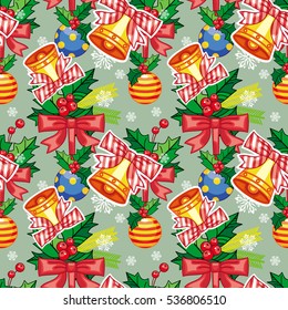 Seamless Christmas pattern with  jingle bells. Vector clip art.