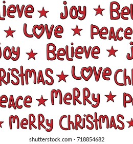 Seamless Christmas pattern with joy, love, peace, believe and Christmas word
