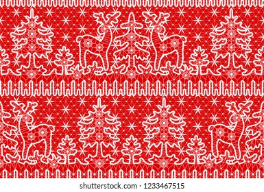 Seamless Christmas pattern. Lace red background wirh deer, fir trees and snowflakes