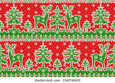 Seamless Christmas pattern. Lace red background wirh deer, fir trees and snowflakes