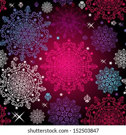 Seamless christmas pattern with lacy vivid snowflakes and stars (vector eps10)
