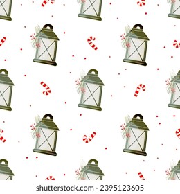 Seamless Christmas pattern. Lamps, red berries and fir branch. Clipart. Isolated element of New Year's decor. Vector illustration.